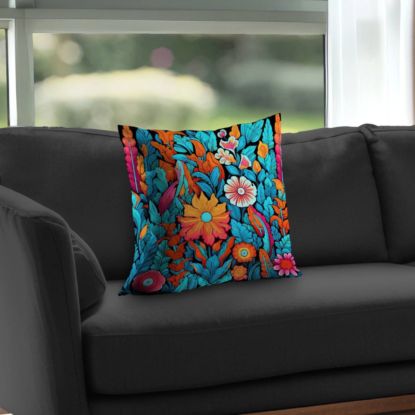 Floral Hues Black Poly Twill Throw Pillow - Home Decor Insert