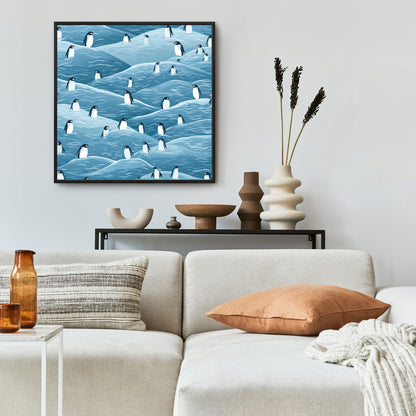 Penguins Wandering - Turquoise Framed Canvas for Home Decor