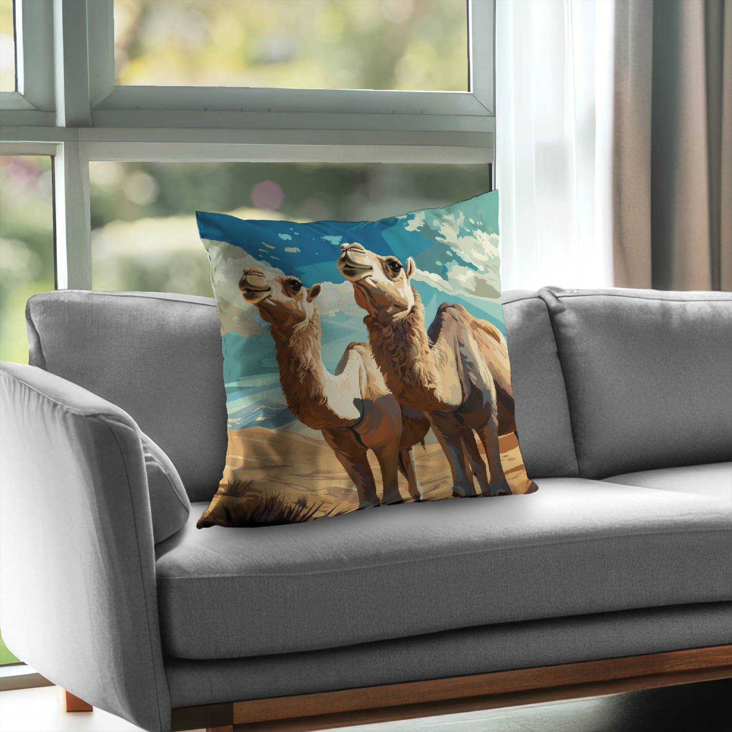 Camels Looking Up Blue Poly Twill Throw Pillow - Home Decor
