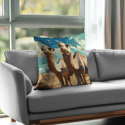 Camels Looking Up Blue Poly Twill Throw Pillow - Home Decor