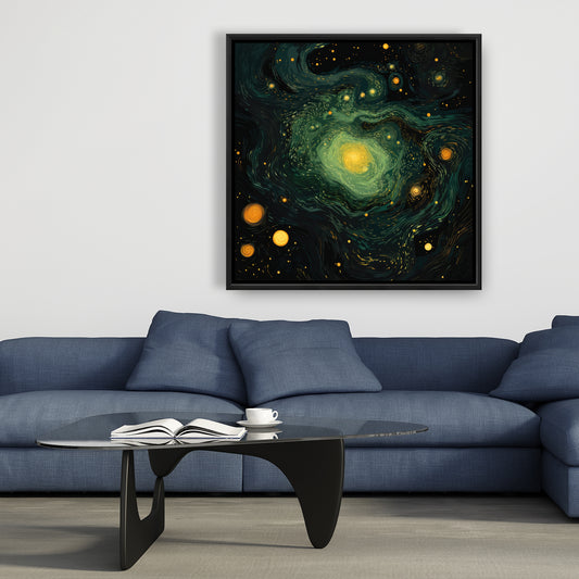 Illuminated in Space - Green Framed Canvas for Home Decor
