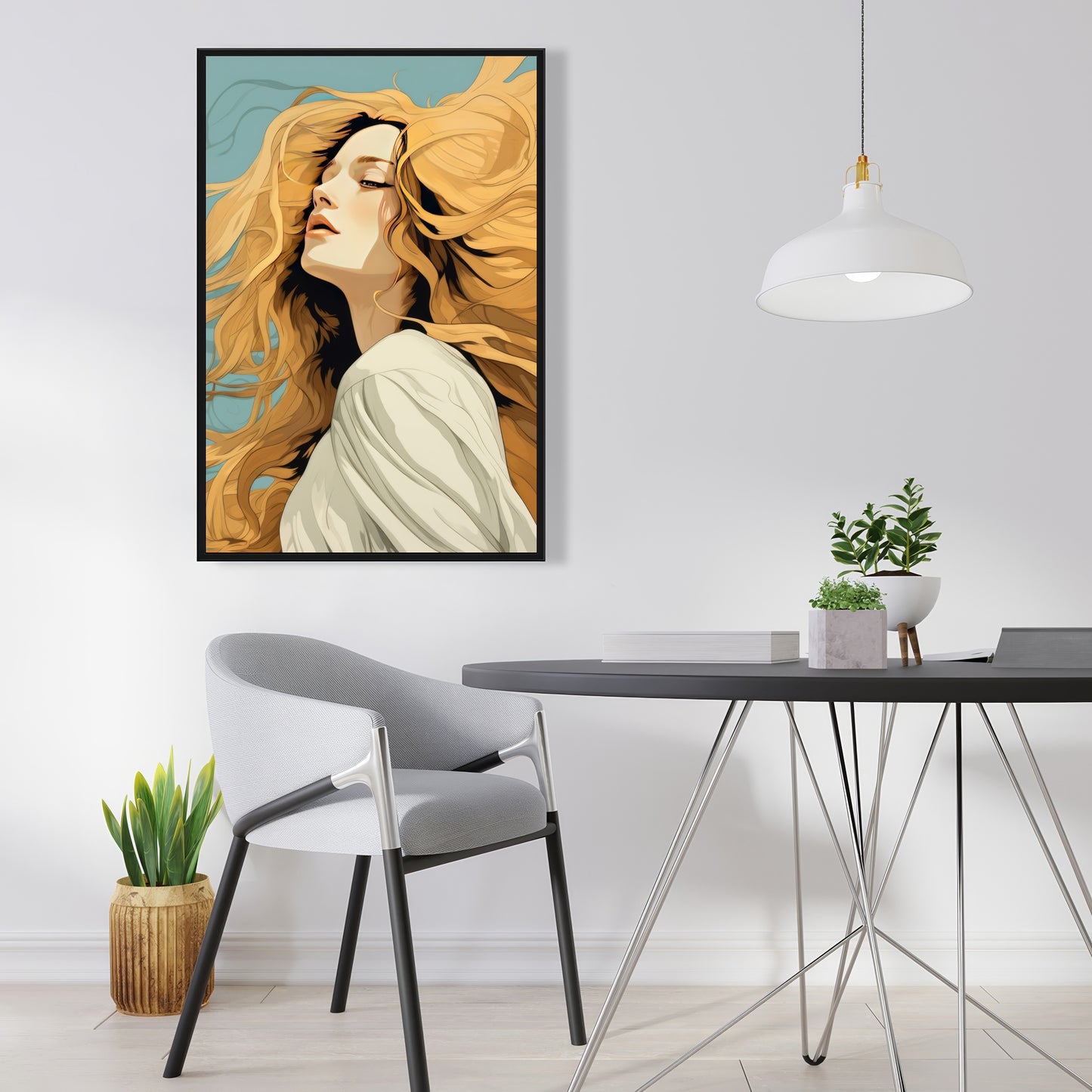 Flowing Hair - Beige Framed Canvas for Home Decor | Elegant Art