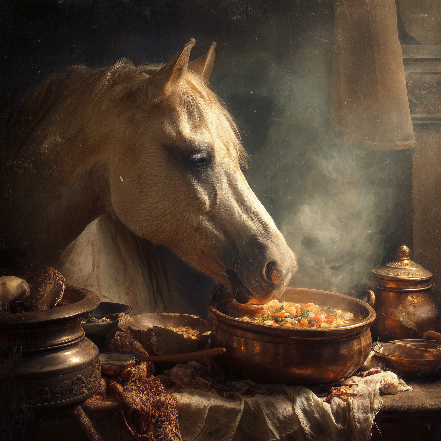 Horse on soup - 24"x24" Framed canvas