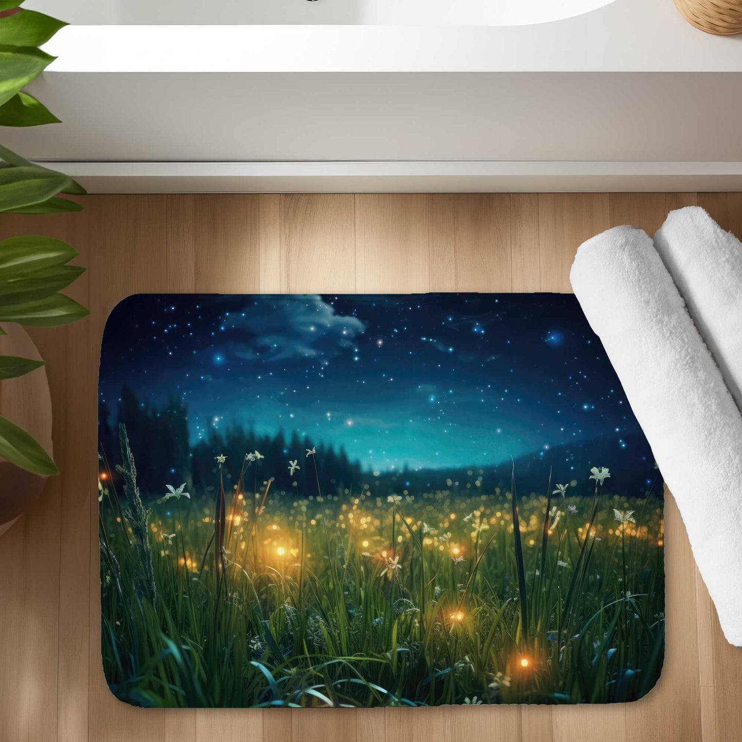 Fireflies at Night Blue Bath Mat | Home Decor Essentials