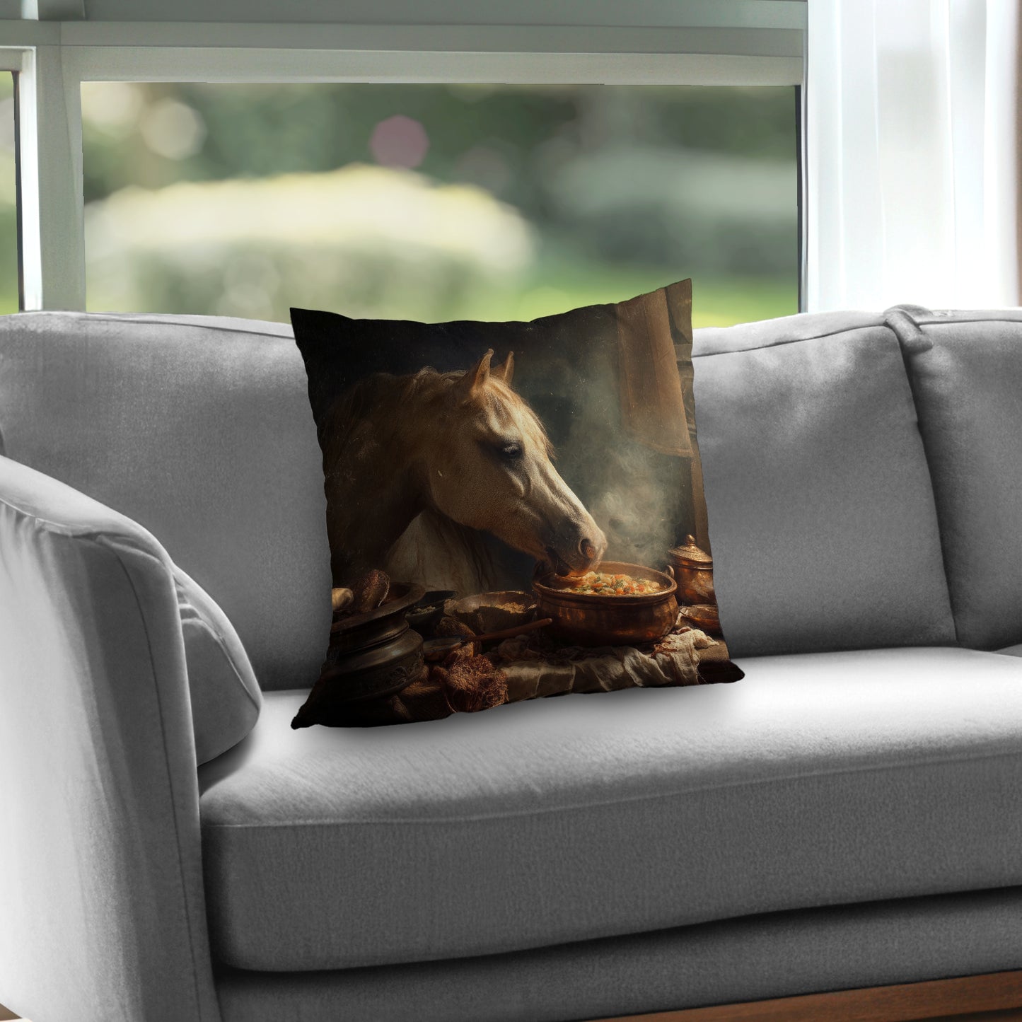 Horse on Soup Brown Poly Twill Throw Pillow - Decor Insert