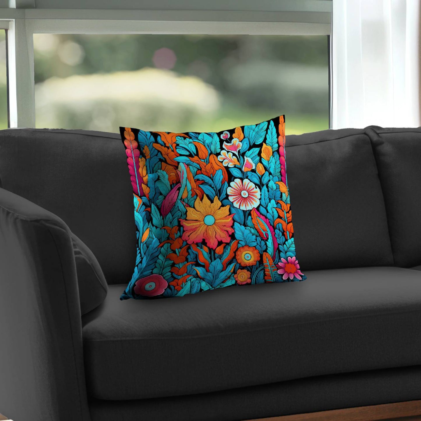 Floral Hues Black Poly Twill Throw Pillow - Decor Insert