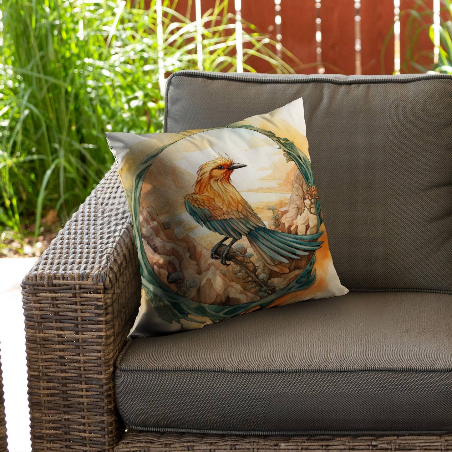 Perched bird - Throw pillow - Print on demand