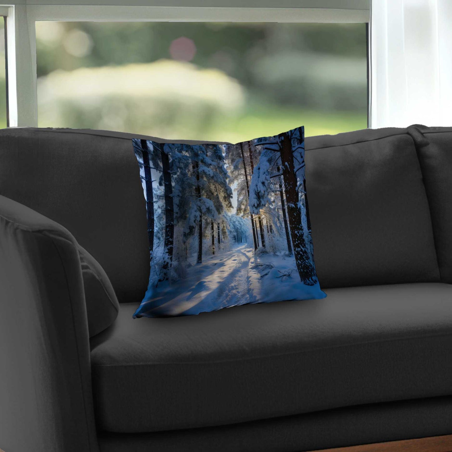 Coussin décoratif en sergé de polyester « Chemin enneigé » - Accessoire de décoration confortable pour la maison