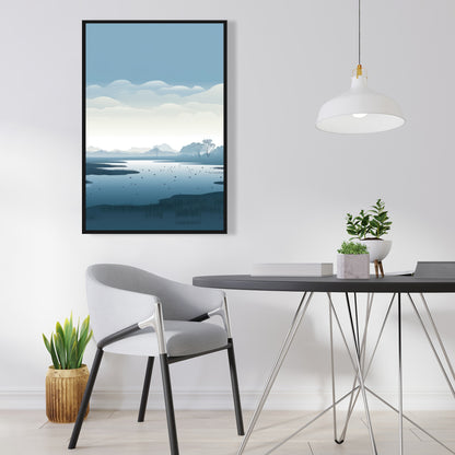 Minimalist Swamp - Blue Framed Canvas for Home Decor