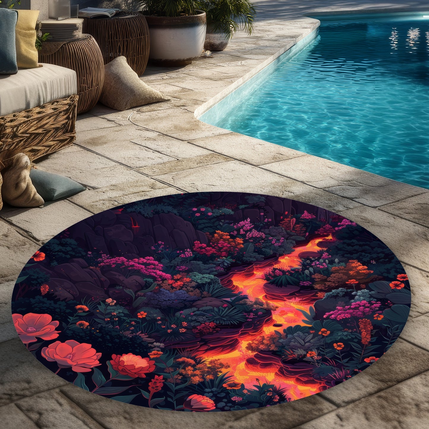 Tapis rond d'extérieur « Lave en fusion » pour la décoration intérieure