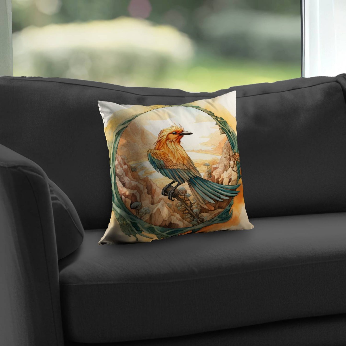 Perched bird - Throw pillow - Print on demand