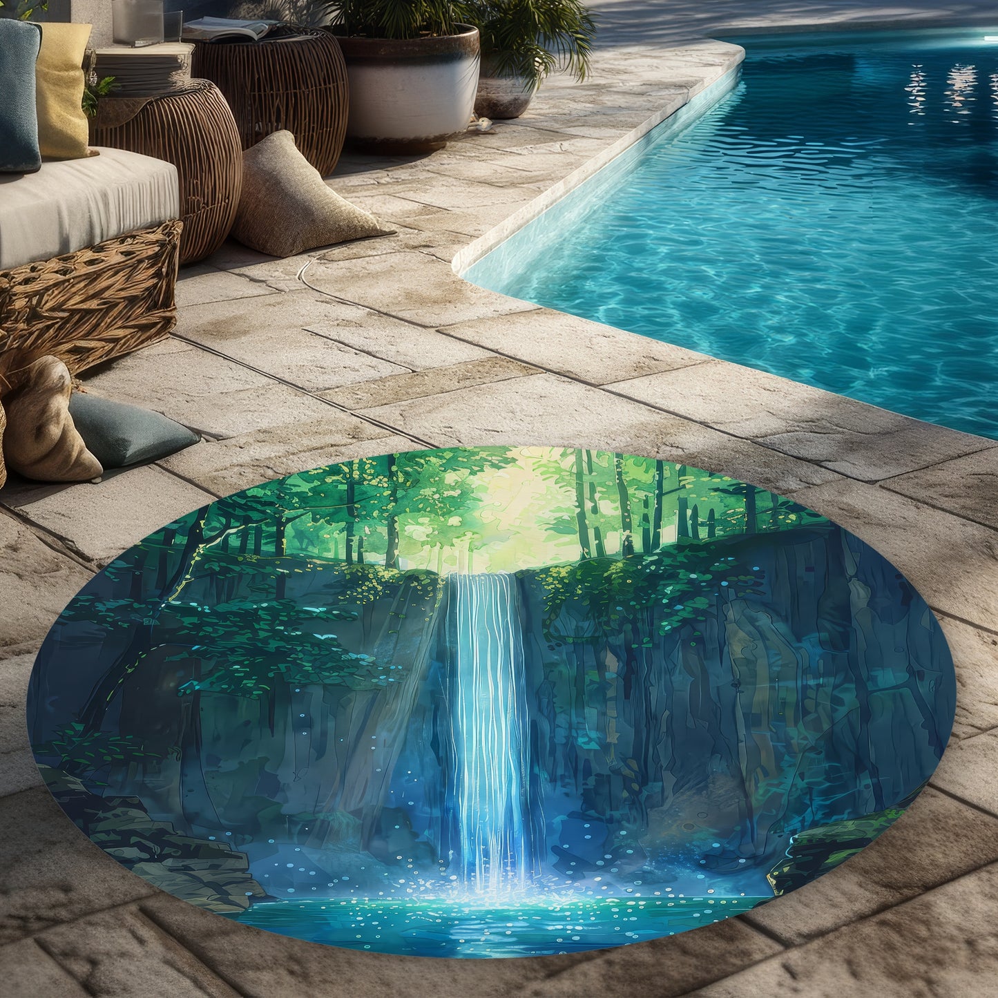 Waterfall White Round Outdoor Area Rug - Home Decor Accent