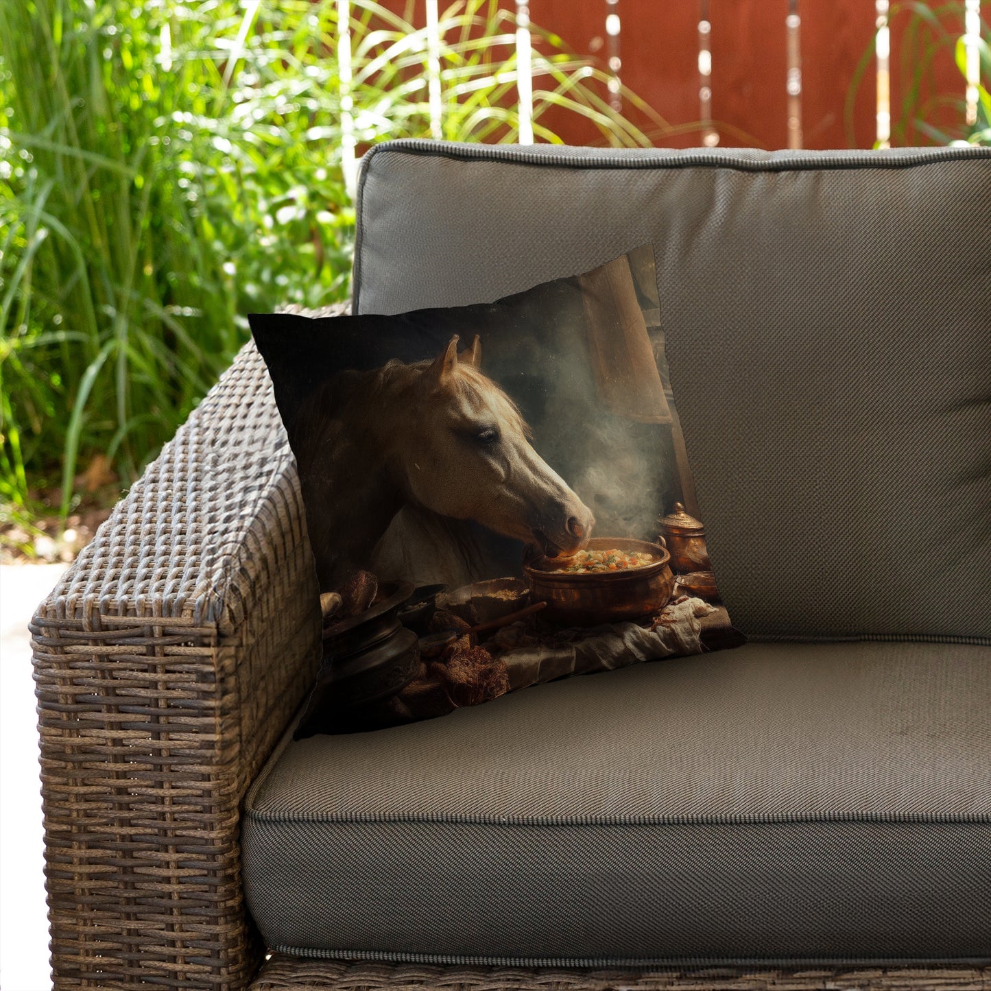 Horse on Soup Brown Poly Twill Throw Pillow - Decor Insert