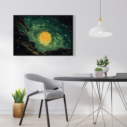 Turmoil in Space - Green Framed Canvas for Home Decor