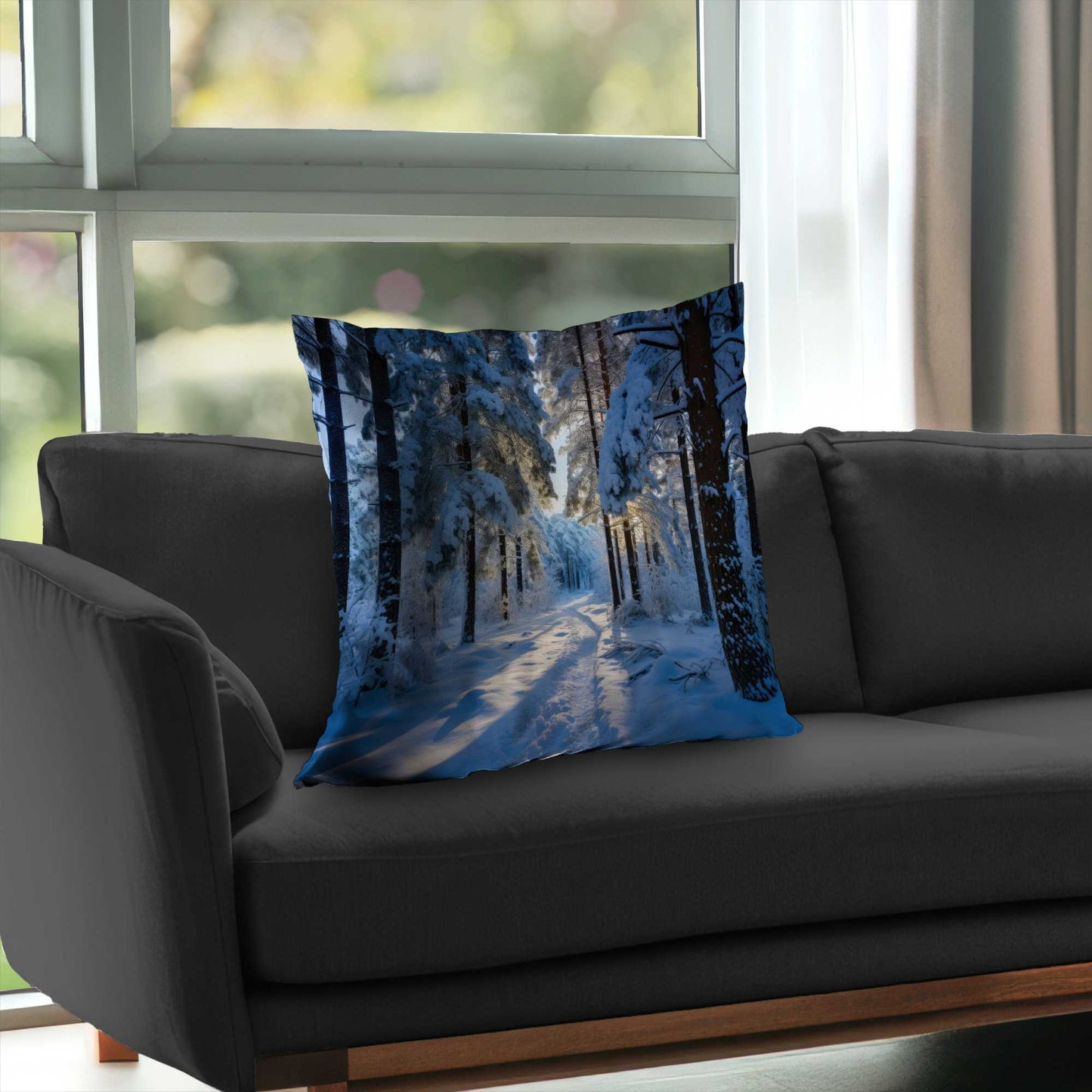 Coussin décoratif en sergé de polyester « Chemin enneigé » - Accessoire de décoration confortable pour la maison