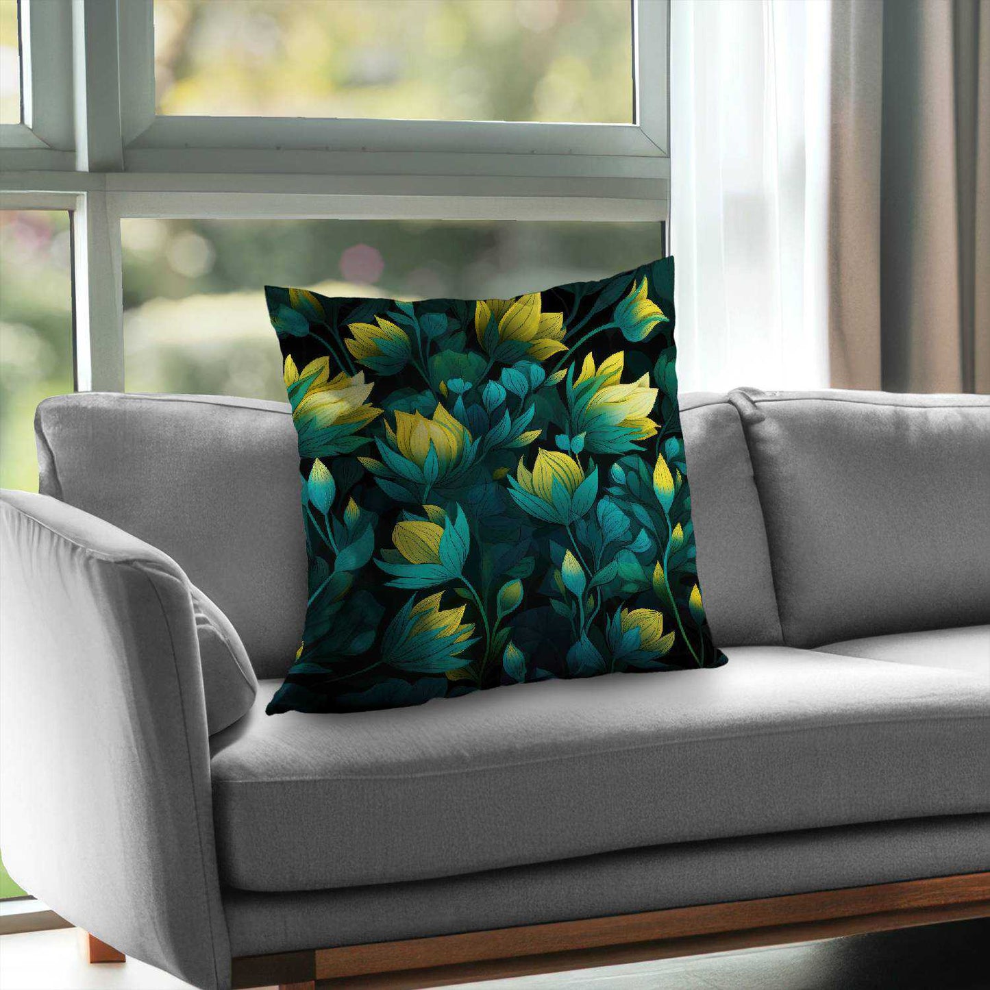 Coussin décoratif en sergé de polyester noir Intense Bloom
