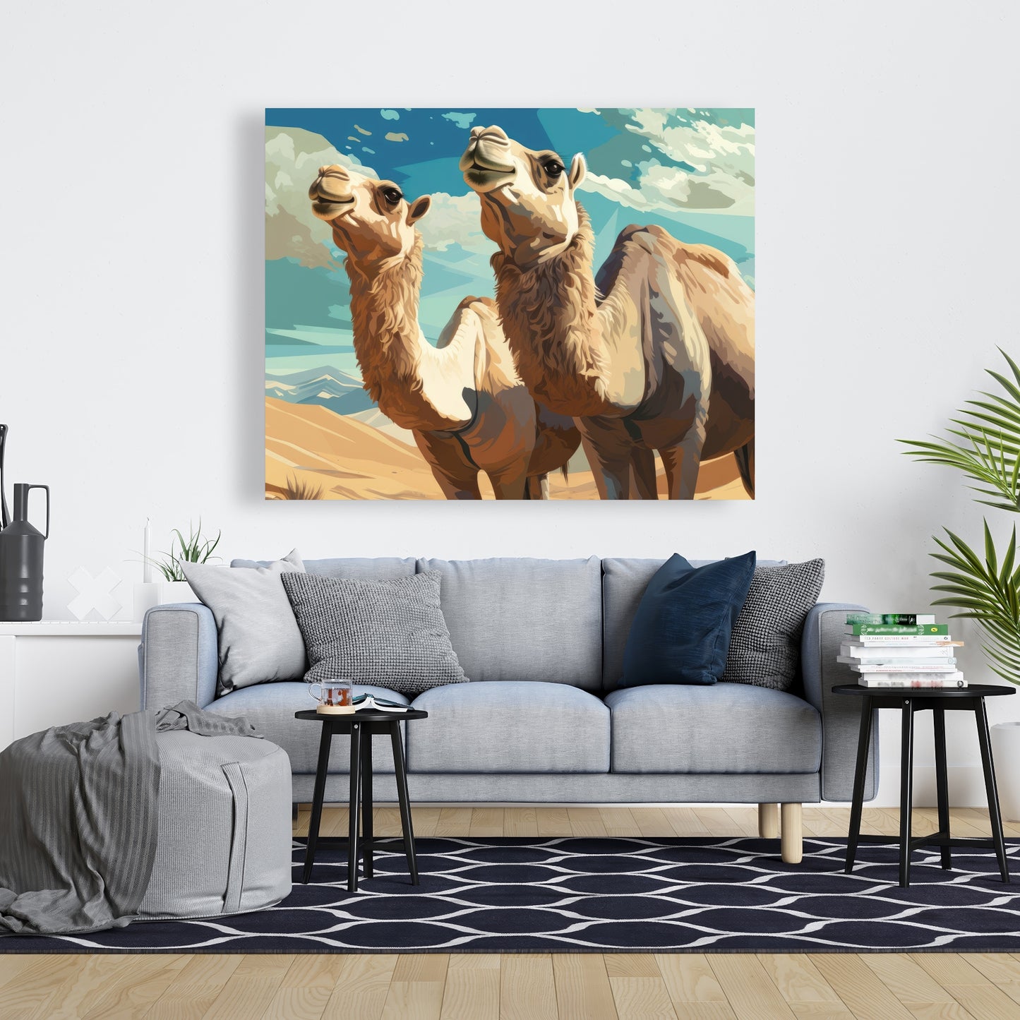 Camels Looking Up - Blue Canvas Art for Home Decor