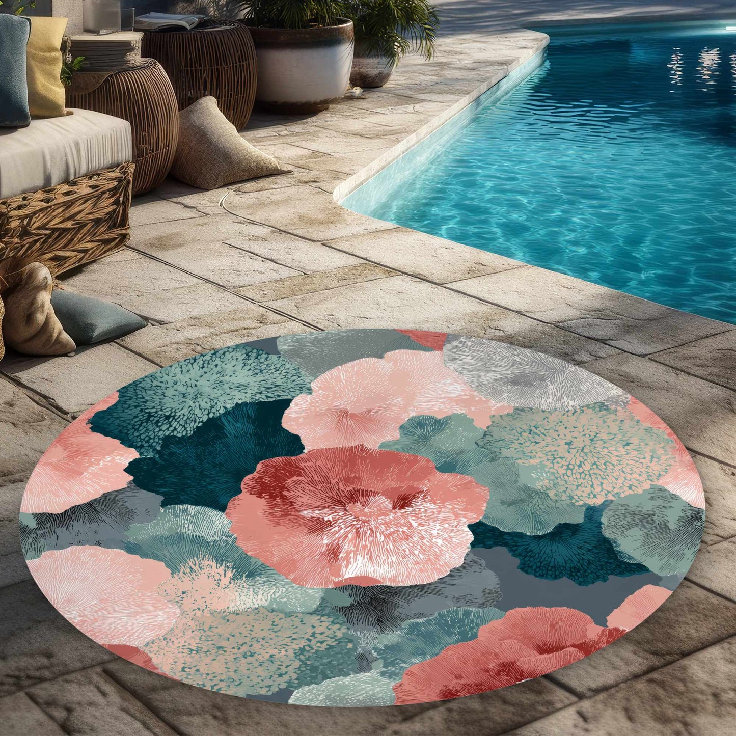 Tapis d'extérieur rond Whispering Coral Blooms | Décoration intérieure