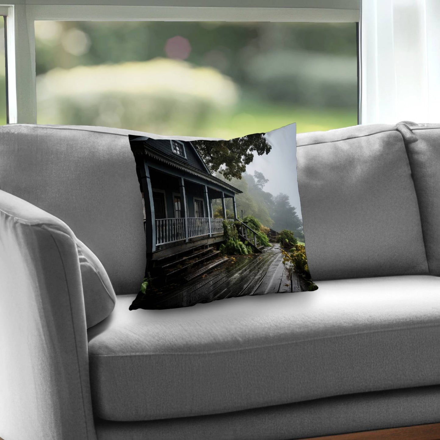 Coussin décoratif en sergé de polyester « Porche pluvieux » - Accessoire de décoration confortable pour la maison