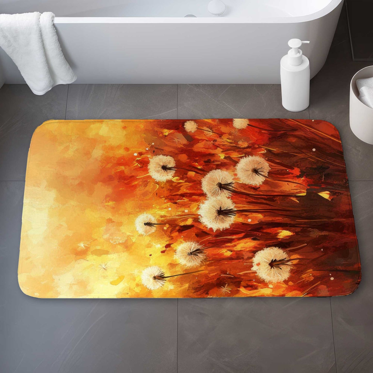 Dandelion Fire White Bath Mat - Elegant Home Decor Accent
