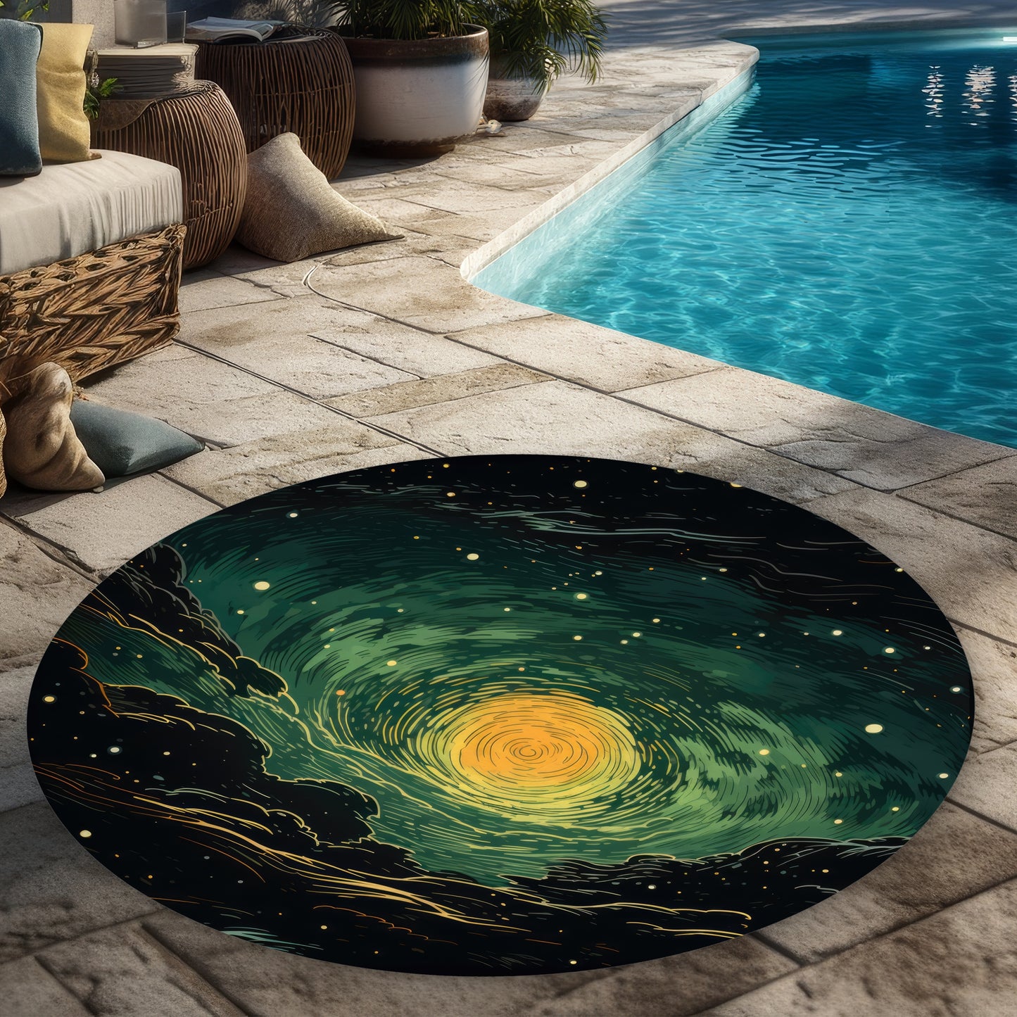 Turmoil in Space - Yellow Round Outdoor Area Rug for Home Decor