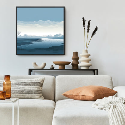Minimalist Swamp - Blue Framed Canvas for Home Decor