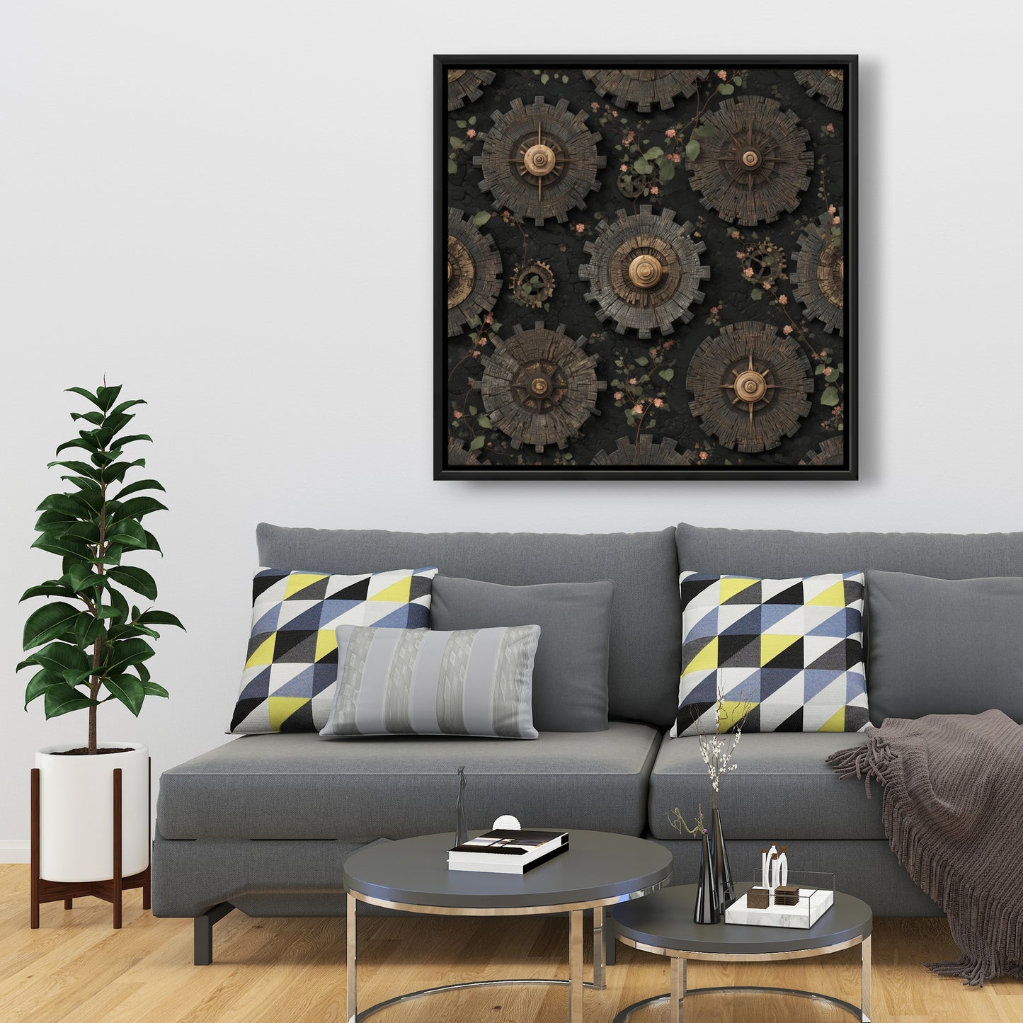 Cog Pattern - Green Framed Canvas for Home Decor | Unique Art