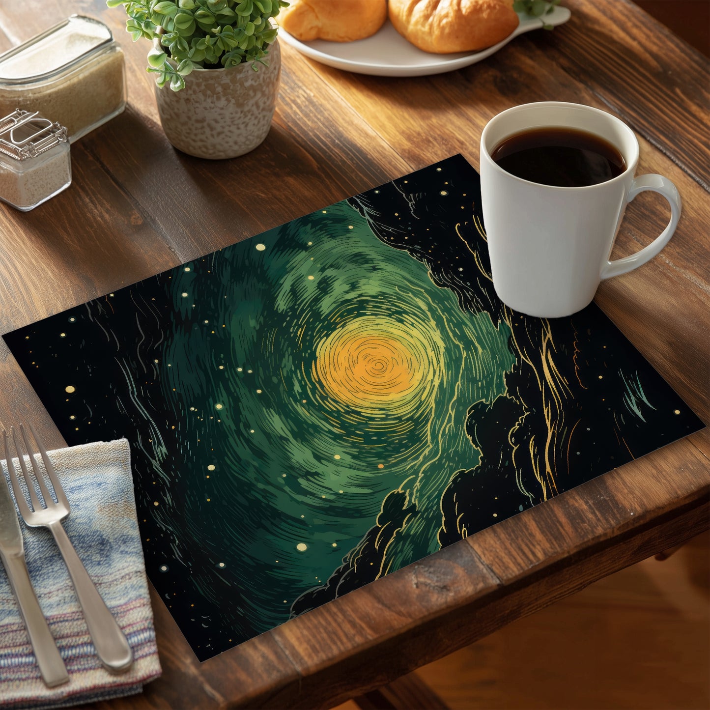Turmoil in Space - Black Polyester Placemat for Home Decor