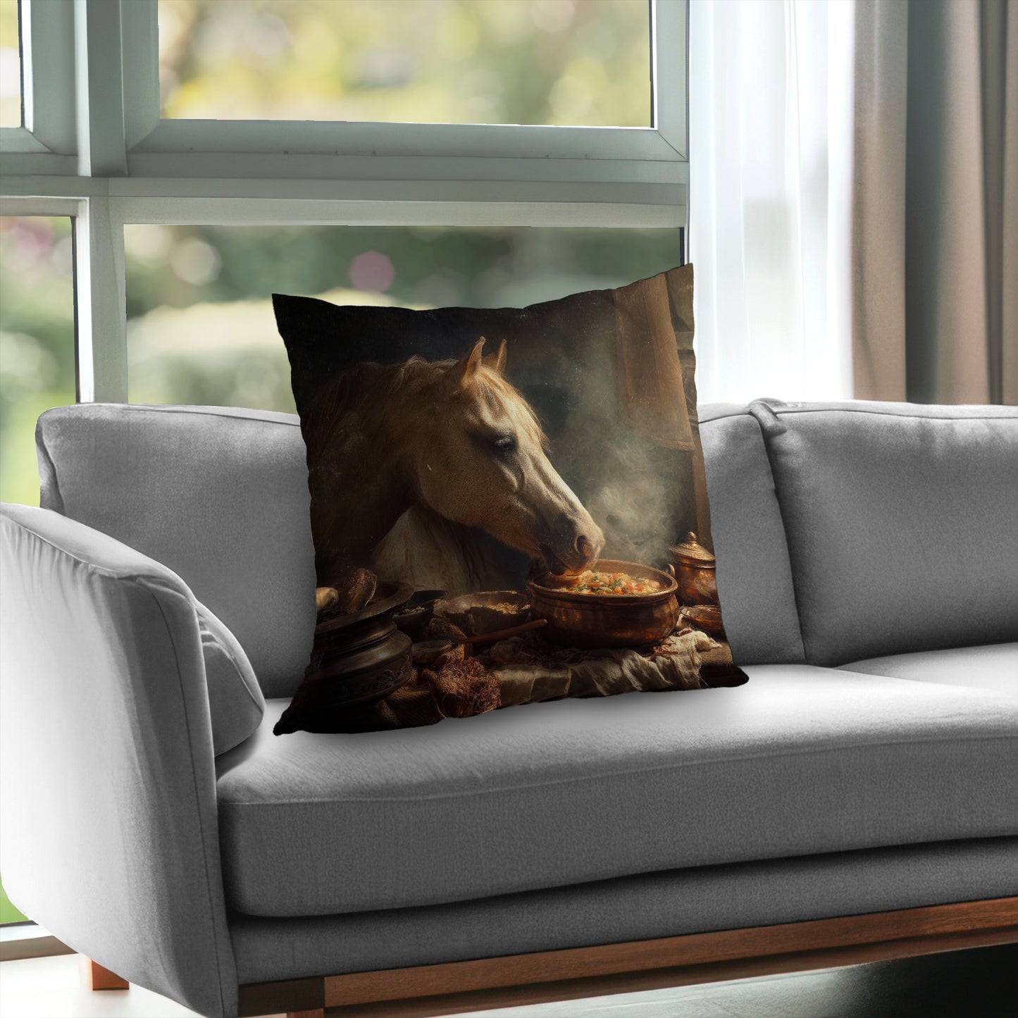 Horse on Soup Brown Poly Twill Throw Pillow - Decor Insert