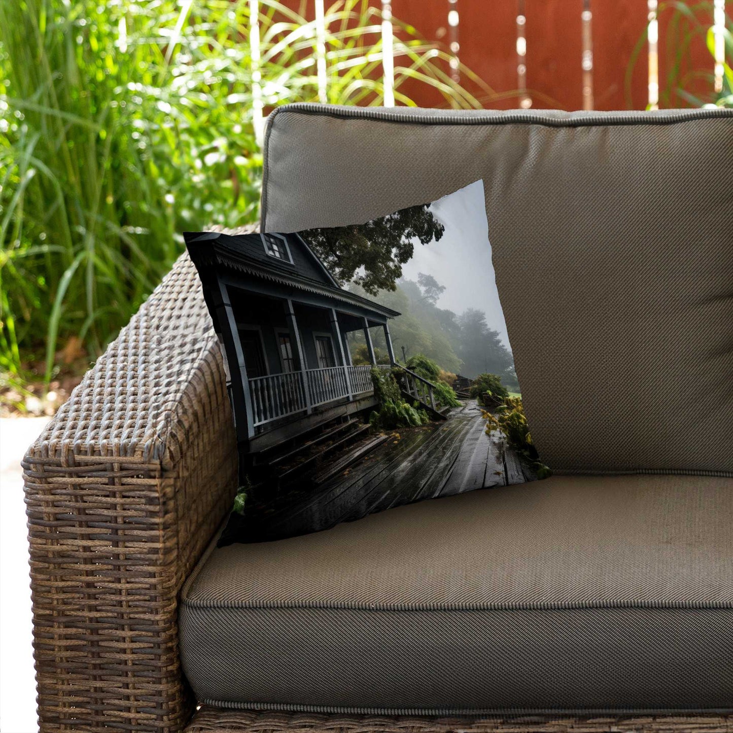 Coussin décoratif en sergé de polyester « Porche pluvieux » - Accessoire de décoration confortable pour la maison