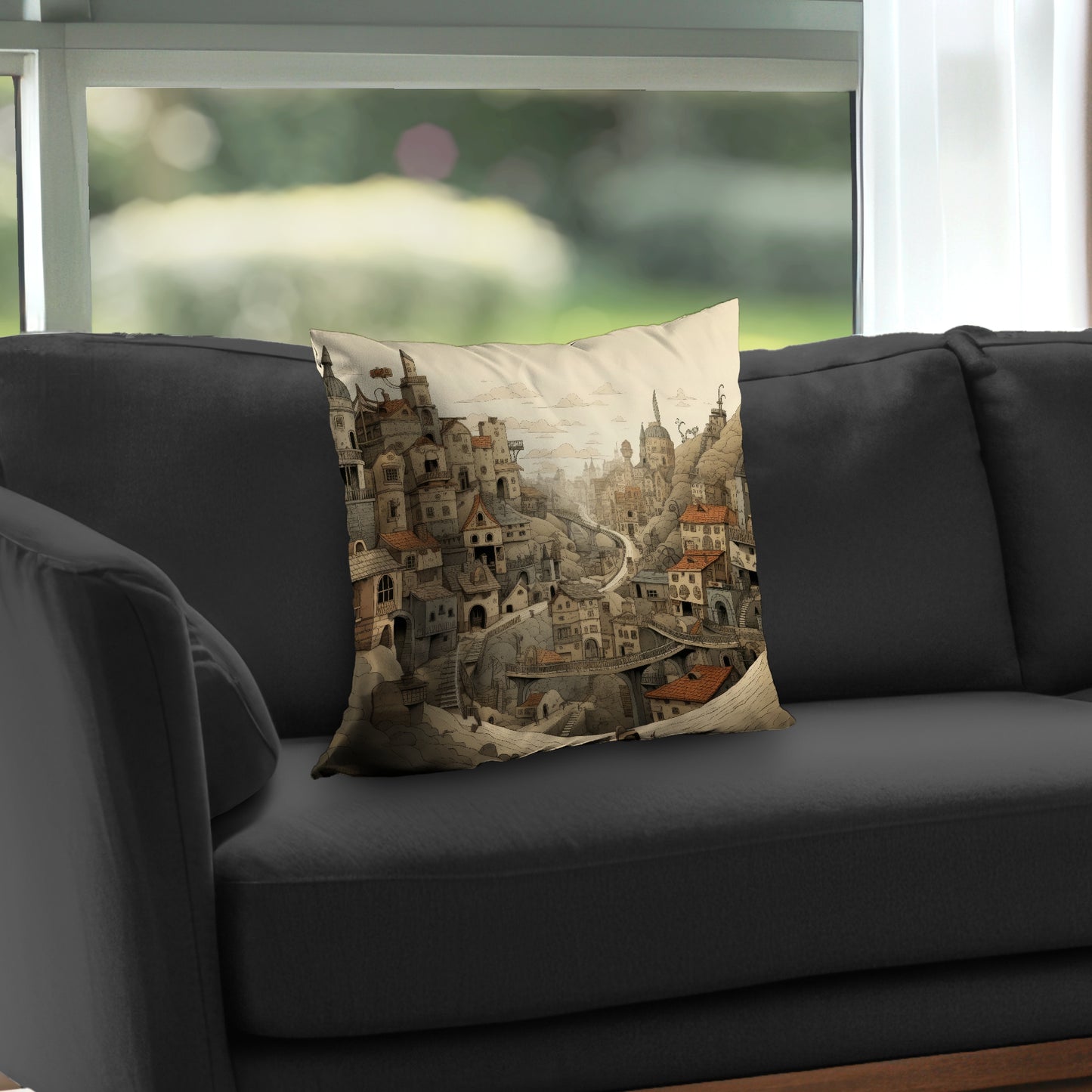 Intricate town hall Orange poly twill throw pillow | Home decor