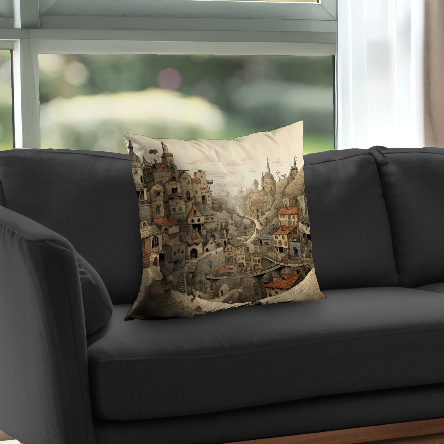 Intricate town hall Orange poly twill throw pillow | Home decor