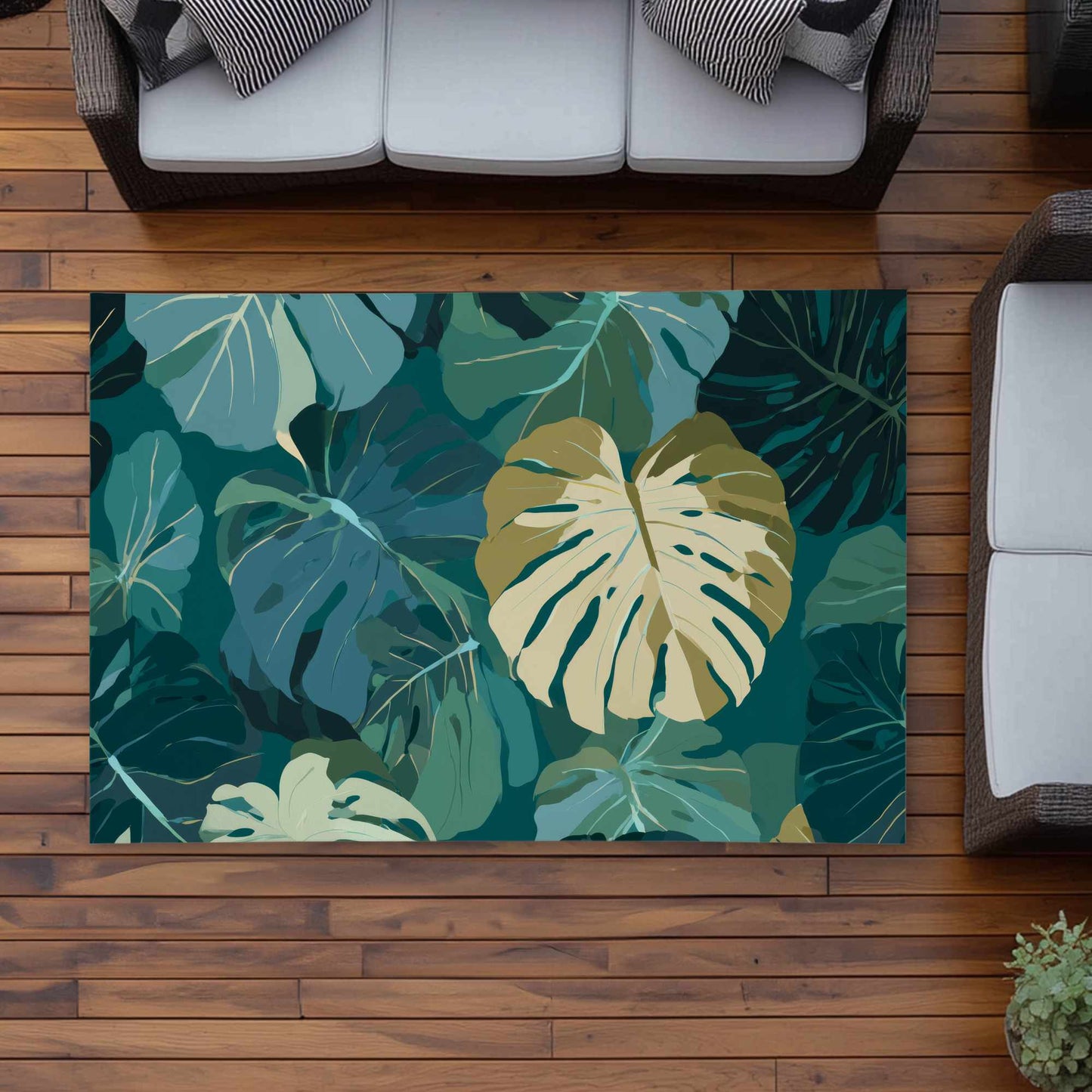Tapis d'extérieur motif voile de feuilles tropicales | Décoration d'intérieur élégante