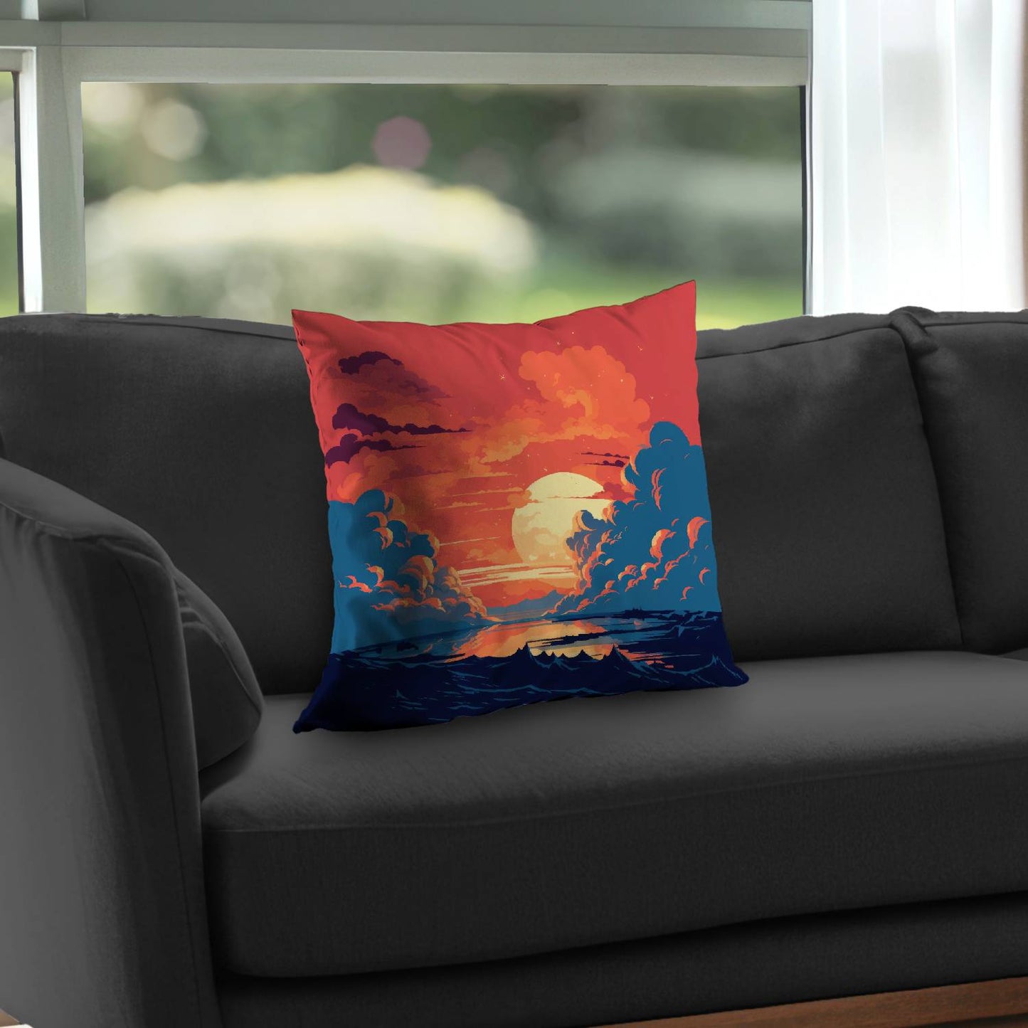 Coussin décoratif en sergé de polyester orange et bleu | Accessoire de décoration intérieure