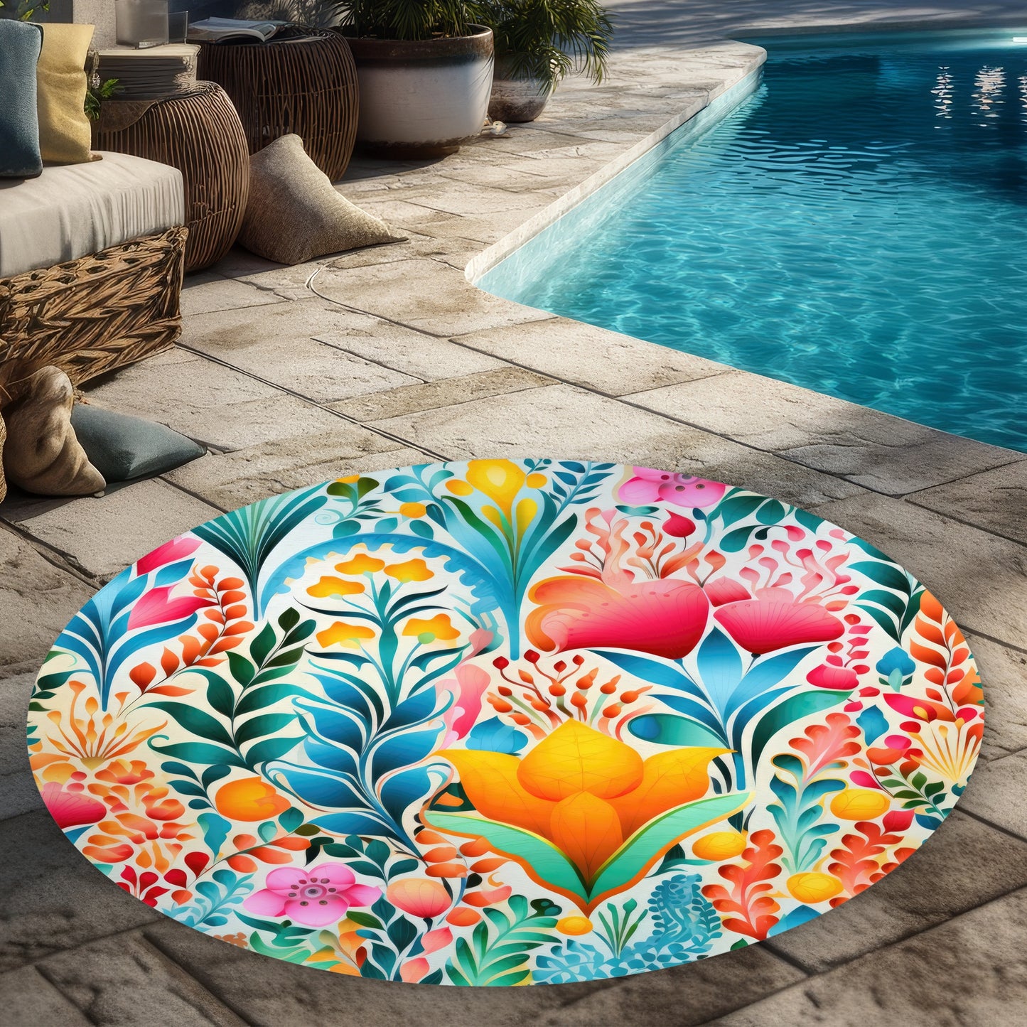 Flowing Flowers Turquoise Round Outdoor Area Rug | Home Decor