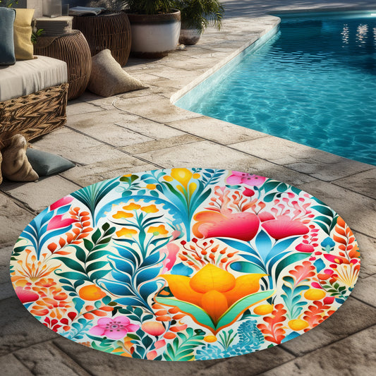 Flowing Flowers Turquoise Round Outdoor Area Rug | Home Decor