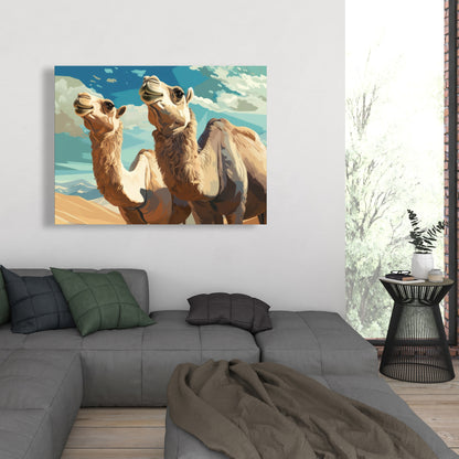Camels Looking Up - Blue Canvas Art for Home Decor