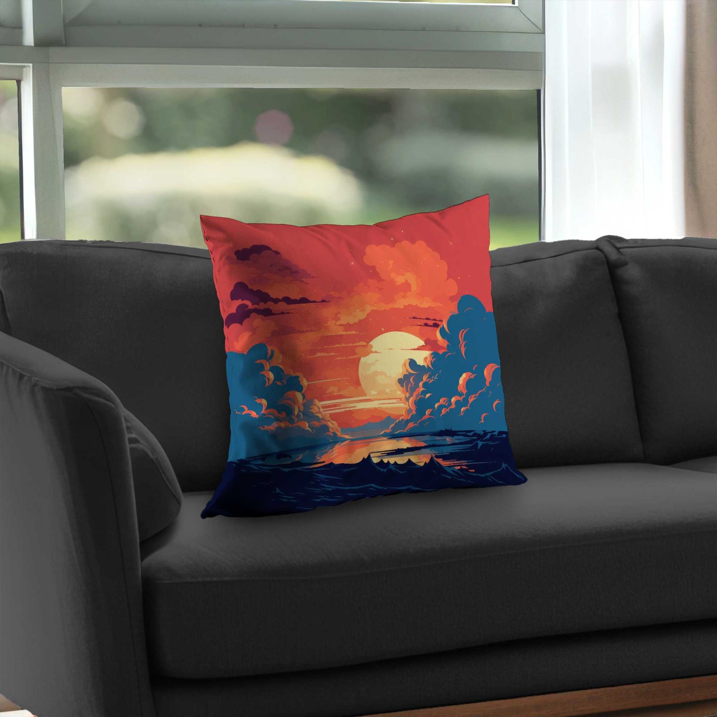 Coussin décoratif en sergé de polyester orange et bleu | Accessoire de décoration intérieure